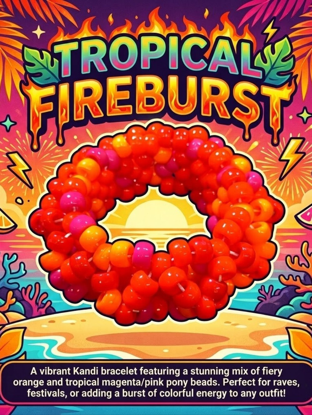 Tropical Fireburst Kandi Cuff - Kandi Bracelet - EDM Rave Festival Jewelry